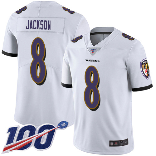 Baltimore Ravens Limited White Men Lamar Jackson Road Jersey NFL Football #8 100th Season Vapor Untouchable
